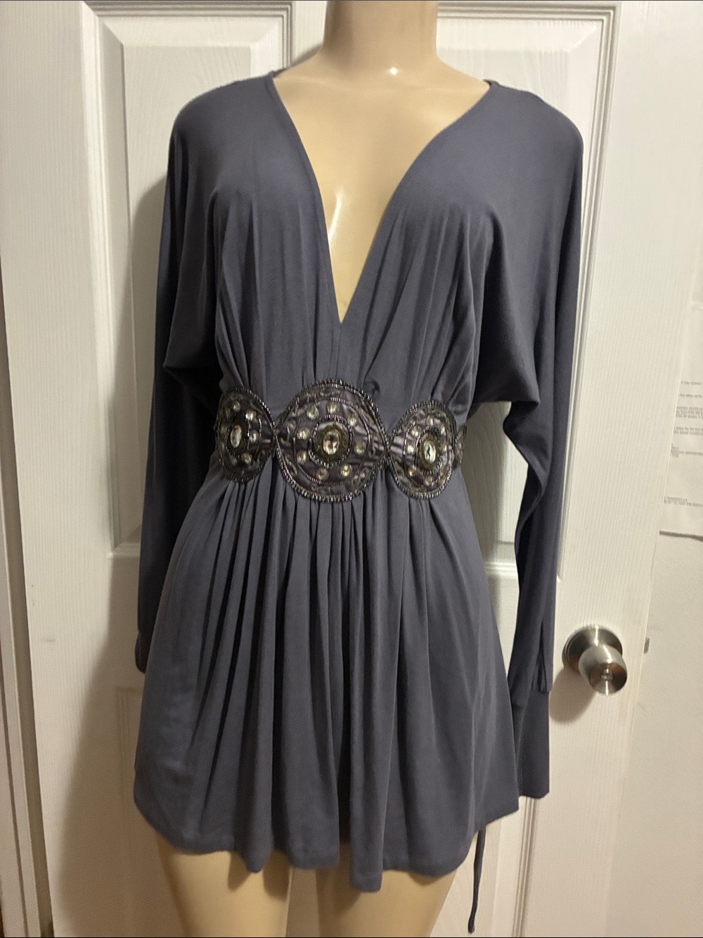 ECI Gray Beaded Belt Tunic Dress Top Deep V Neck Dolman Sleeve Slate Blue M